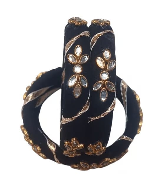 Black Cotton Bangle Set with Kundan Stones - Bangles & Bracelets | Buy online on ZillyBuy