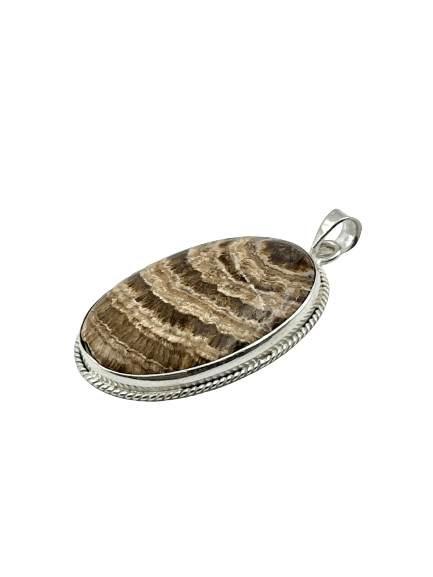 Brown Fossil Arogonite gemstone Sterling Silver Oval Pendant