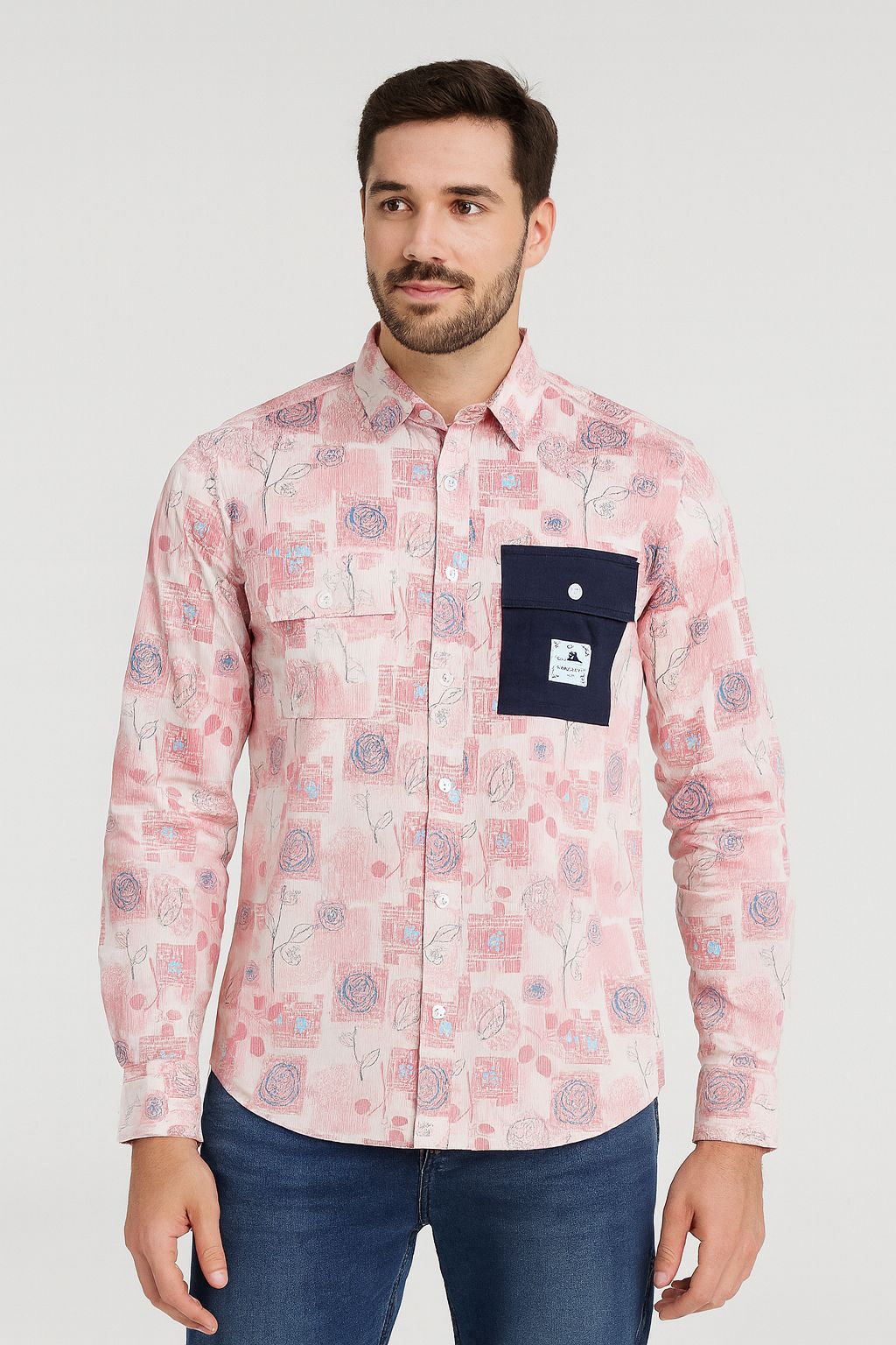 Pink Floral Striped Cotton Casual Shirt with Contrast Pocket