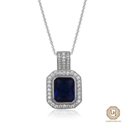 Royal Blue Emerald Cut Pendant with Cubic Zirconia & Silver Chain