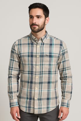 ZRRO Men's Beige & Teal Plaid Cotton Casual Shirt