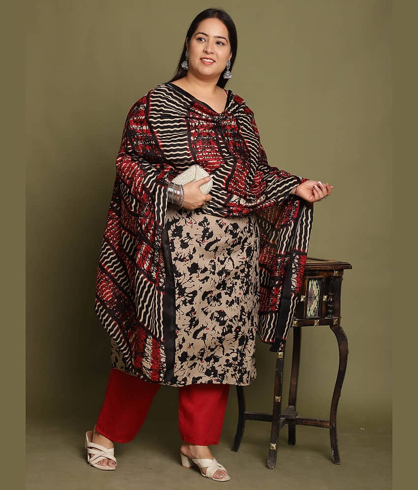 Rajnandini Women Cotton Blend Printed Straight Kurti With Pants ( Beige )