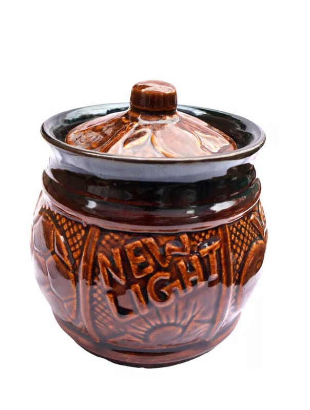 Traditional Brown Ceramic Storage Pot with Lid and Embossed Design