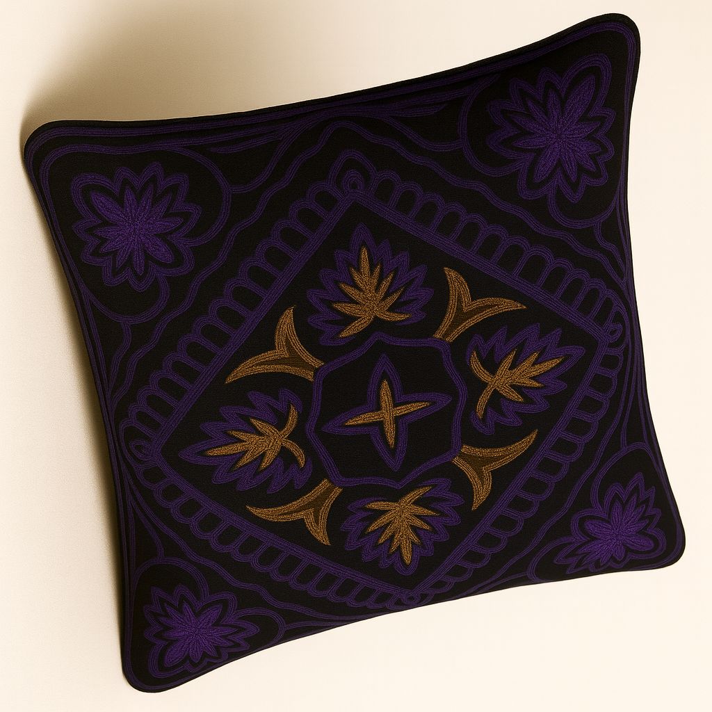 Black Embroidered Decorative Cushion Cover with Purple & Golden Brown Accents