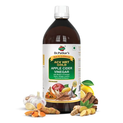 Dr. Patkar's ACV HRT GOLD | Apple Cider Vinegar with Arjuna, Curcumin, Ginger, Garlic & Lemon | 2X Formula Health Shot |Cholesterol Care| Immunity, Heart & Gut Support | Raw & Unfiltered (500 ML)