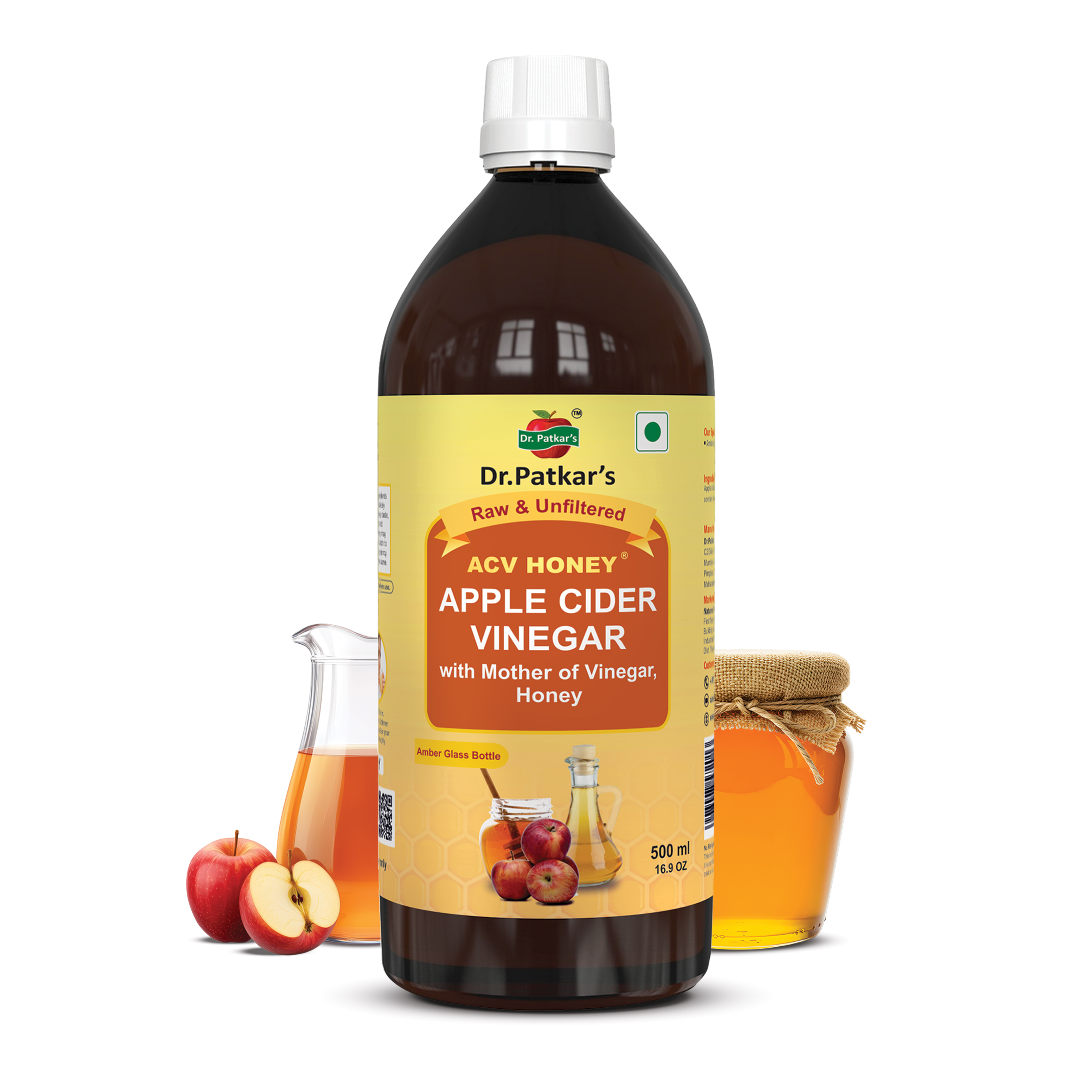 Dr. Patkar's Apple Cider Vinegar With Honey | Unfiltered & Undiluted | Suitable for Weight loss with Improved Immunity | Weight management (With Mother) 500ml