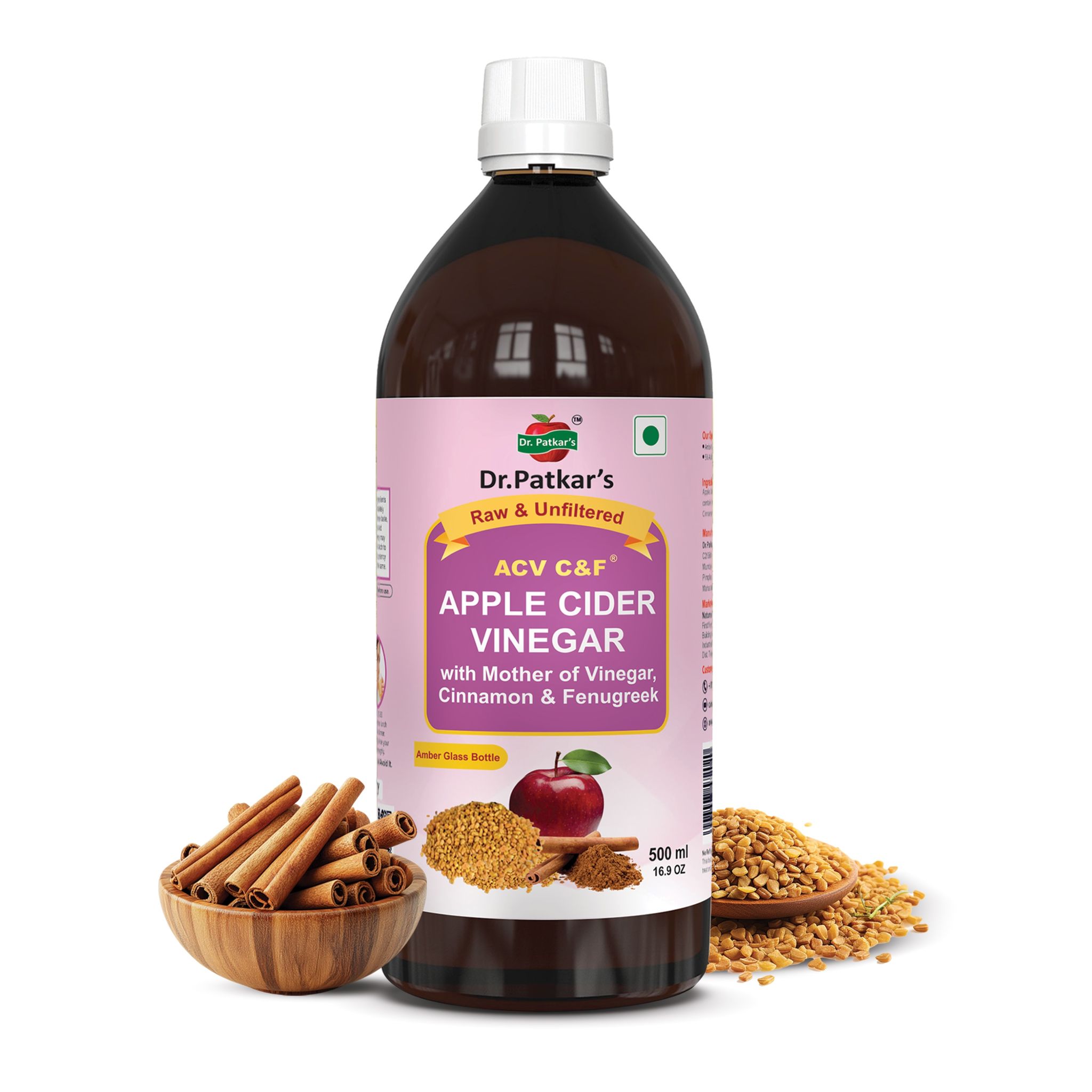 Dr. Patkar's Apple Cider Vinegar with Cinnamon & Fenugreek | Unfiltered & Undiluted | Suitable for Sugar & Diabetes Control with Improved Immunity & Lowers Bad Cholesterol (With Mother) 500ml