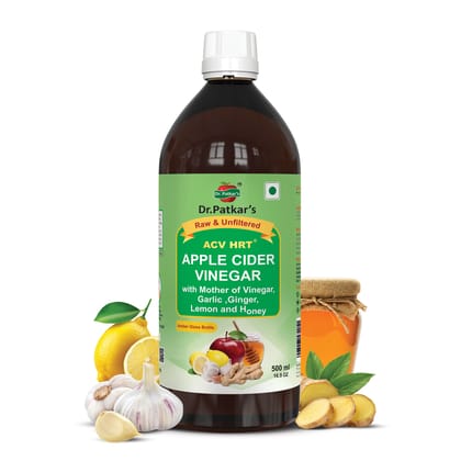Dr. Patkar's Apple Cider Vinegar with Ginger, Garlic, Lemon, & Honey| Amber Glass Bottle | (500ml) | Raw & Unfiltered for Support Heart Health, weight, Immunity & Digestion Management