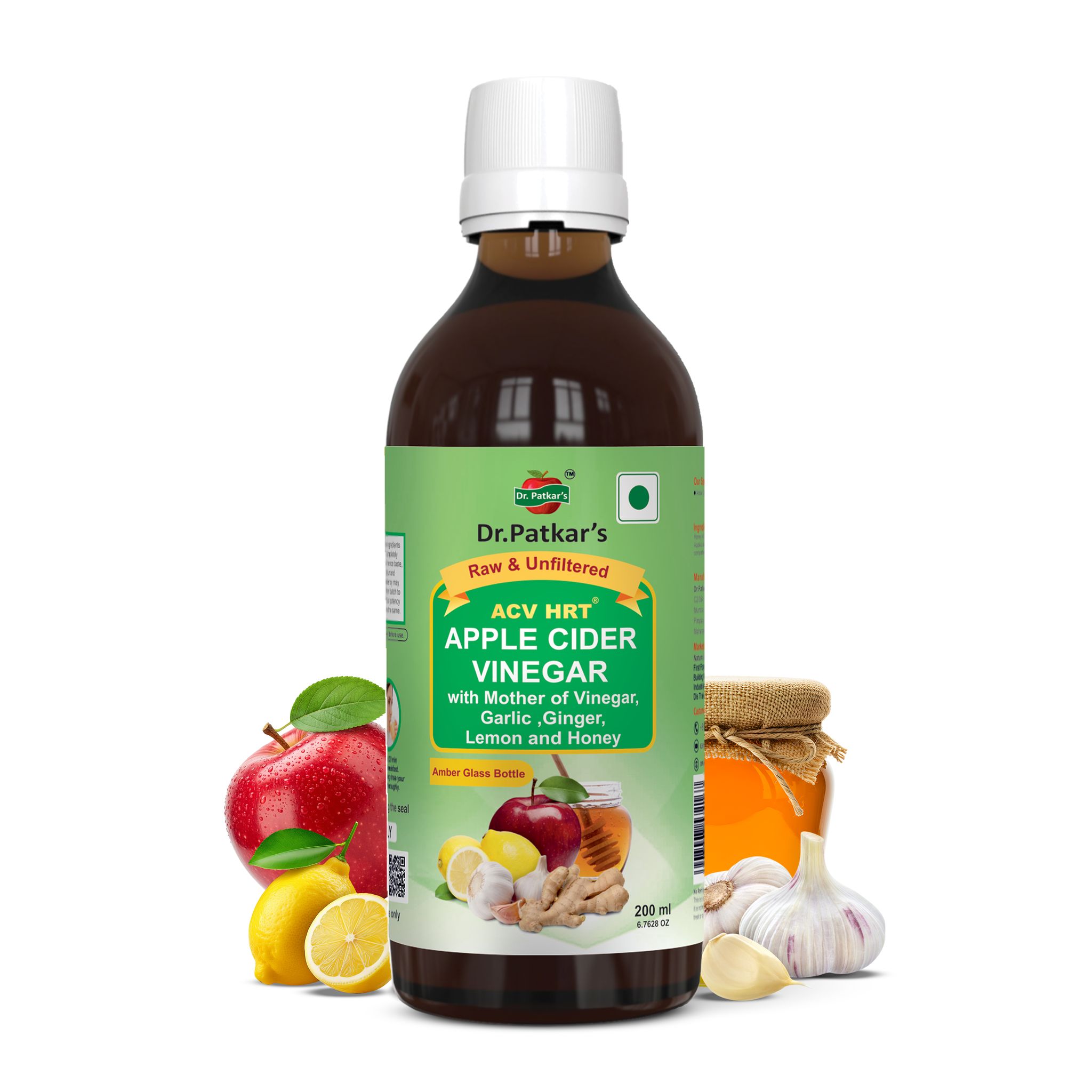 Dr. Patkar's ACV HRT Apple Cider Vinegar with Mother of Vinegar, Garlic, Ginger, Lemon, Honey, Raw & Unfiltered, 200 ml Amber Glass Bottle