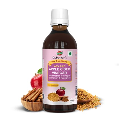 Dr. Patkar's Apple Cider Vinegar with Cinnamon & Fenugreek | Unfiltered & Undiluted | Suitable for Sugar & Diabetes Control with Improved Immunity & Lowers Bad Cholesterol (With Mother) 200ml