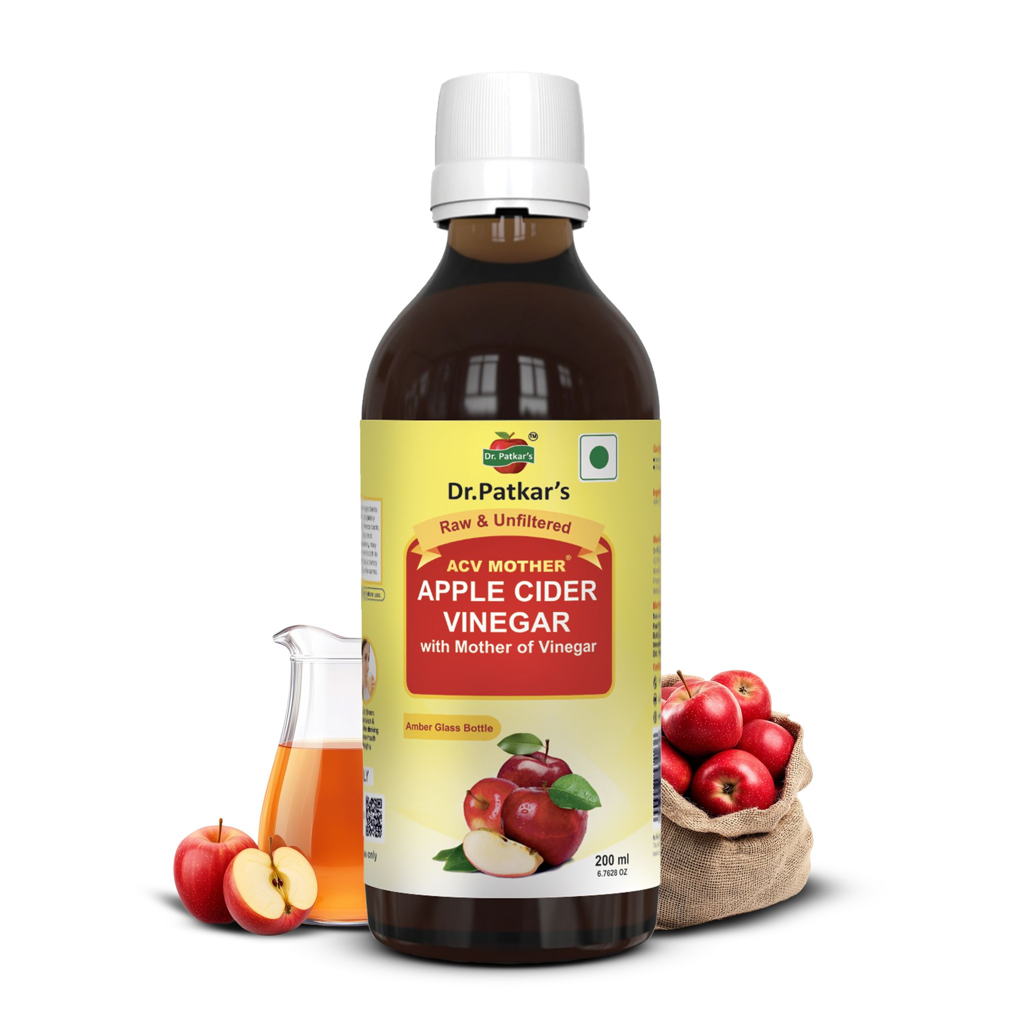 Dr. Patkar's Apple Cider Vinegar with Mother Vinegar | Unfiltered & Undiluted | Suitable for Weight Management & Improved Immunity (With Mother) 200ml