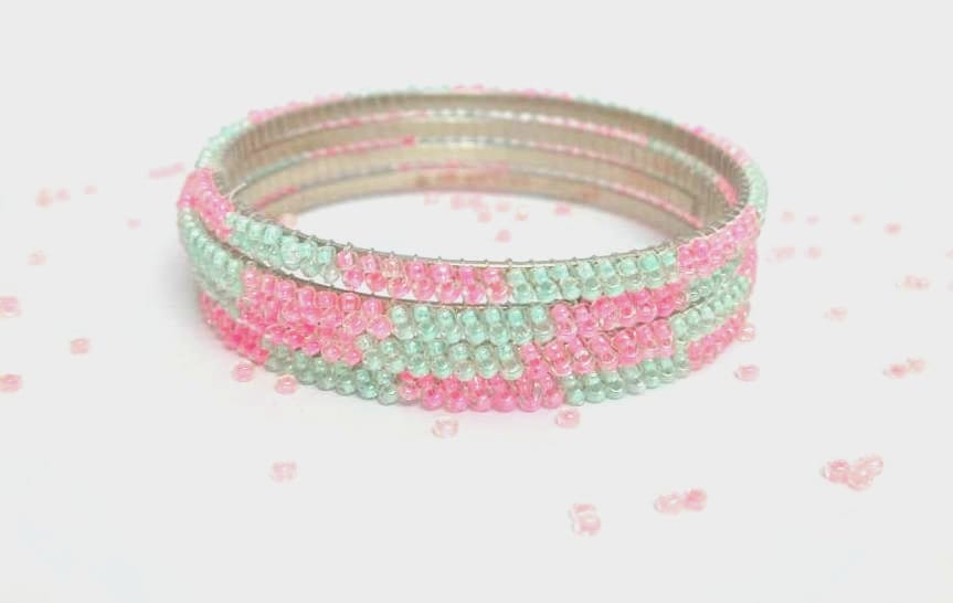  FSH Pink And Green Bead Bangles Set Of 4 