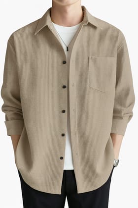 Men's Relaxed Fit Beige Waffle Knit Long Sleeve Shirt