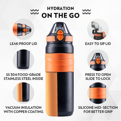 Borosil Hydra Adventure 560 ml Stainless Steel Kids Water Bottle | Double Wall Vacuum Insulated Thermo Flask | 8 hrs Hot & Cold | Leakproof, Sipper | Bottle for Gym, Office, School | Black