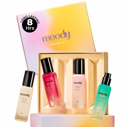 Moody Premium Perfume Gift Set of 4 for Women | IFRA Certified | Long Lasting EDP Fragrance Scent Upto 8 Hours | Floral, Fruity Luxury Perfumes | Birthday & Anniversary Gift Pack of 4x20ml Moody Premium Perfume Gift Set of 4 for Women | IFRA Certified | 