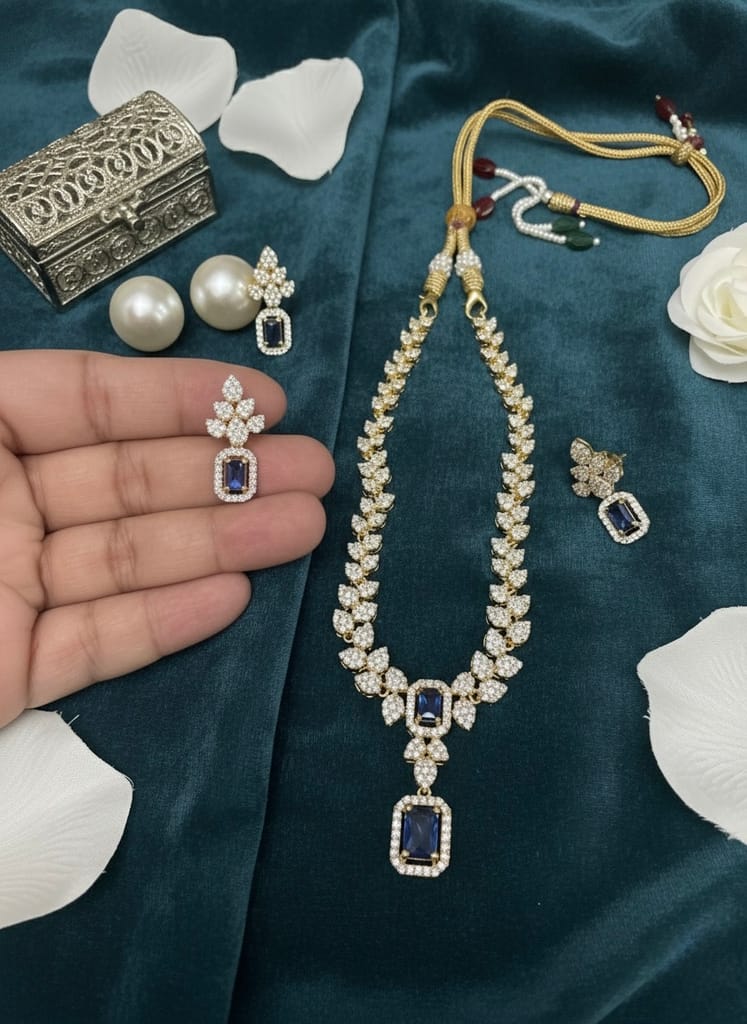Elegant Matte Polish American Diamond Necklace Set with Blue Stones - Jewellery Sets | Buy online on ZillyBuy