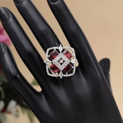 Ruby Color American Diamond Finger Ring (ADR571RUBY)-Ring_Size_Adjustable / Ruby / Brass With Good Quality Silver Plated