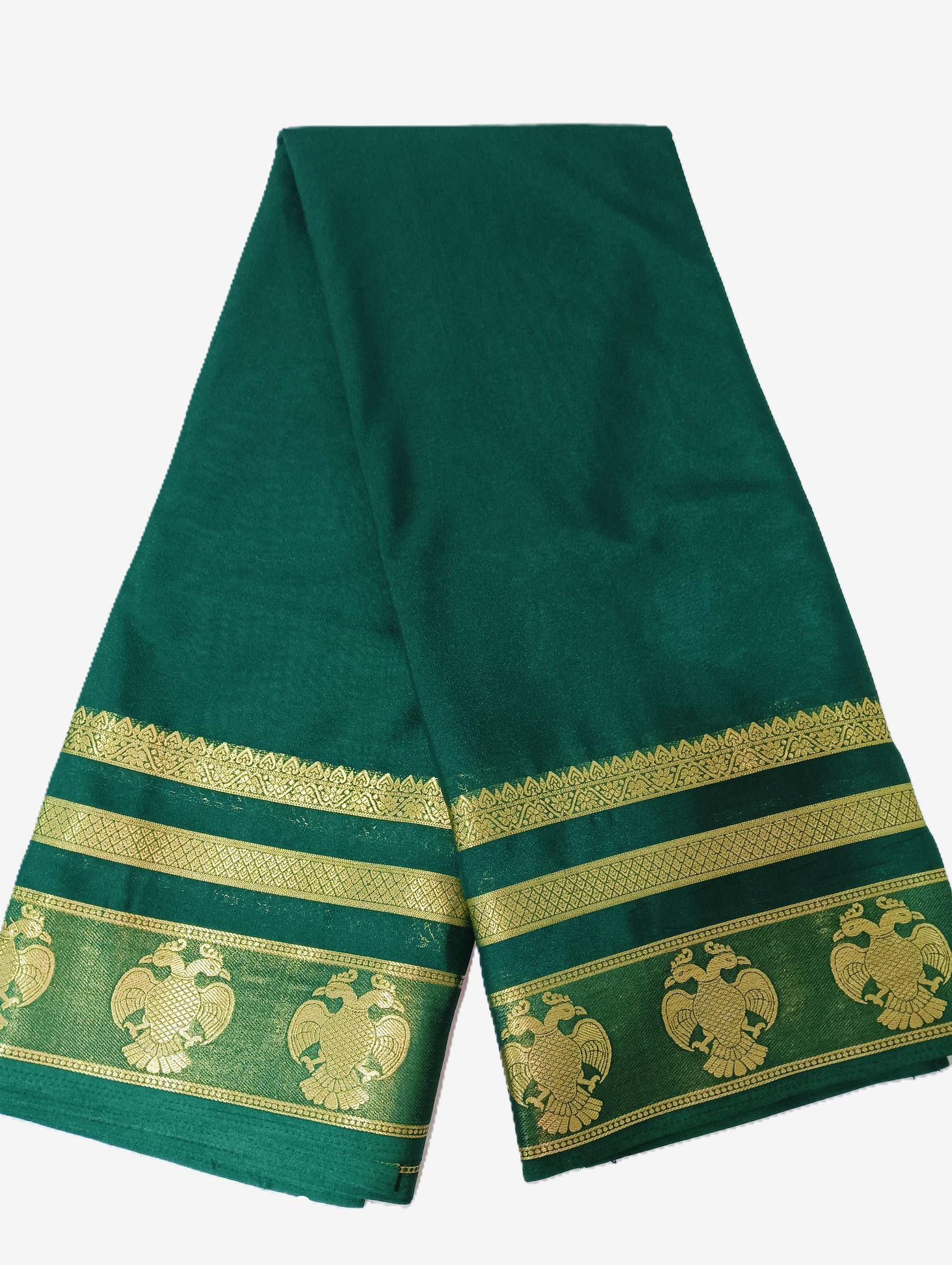 Elegant Dark Green Crape Saree with Golden Mythical Bird Zari Border