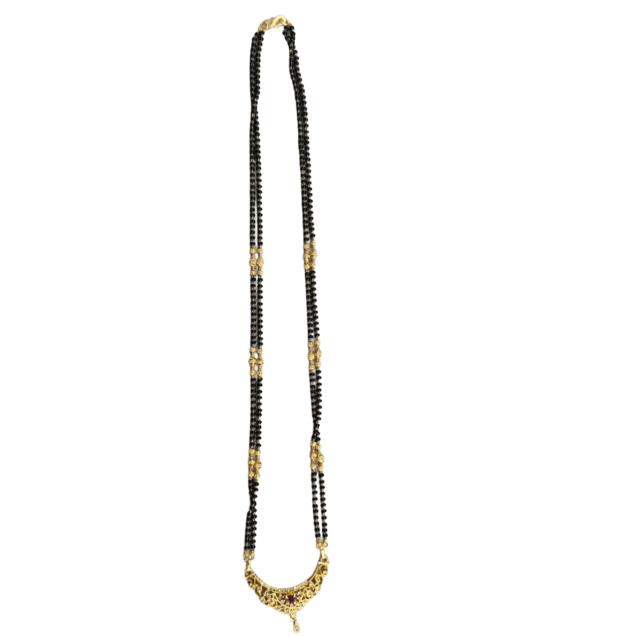 Elegant Gold Plated Black Beaded Mangalsutra with Red Stone Pendant
