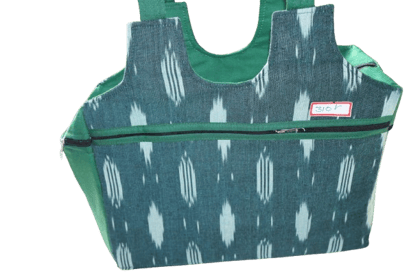 Premium Multipurpose Ikat Fabric Shopping Bag with Dual Zippers & Side Pocket – Green Color