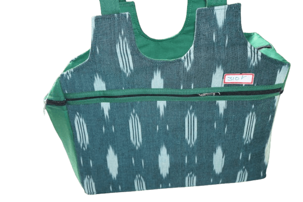 Premium Multipurpose Ikat Fabric Shopping Bag with Dual Zippers & Side Pocket – Green Color