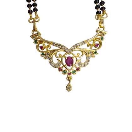 Elegant Gold-Plated Ruby American Diamond Mangalsutra with Black Beads Elegant Gold-Plated Ruby American Diamond Mangalsutra with Black Beads