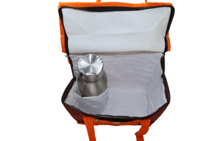 Insulated Multipurpose Lunch Bag with Bottle Holder & Front Zipper Pocket – Orange & Black Checks