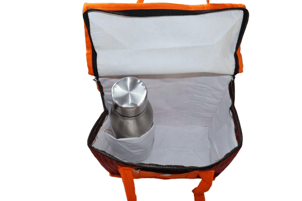 Insulated Multipurpose Lunch Bag with Bottle Holder & Front Zipper Pocket – Orange & Black Checks