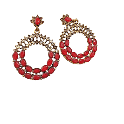 Red Stone Gold-Toned Jhumka Earrings & Green Stone & Pearl Kundan/Temple Style Earrings Stud-like large square earrings combo Red Stone Gold-Toned Jhumka Earrings & Green Stone & Pearl Kundan/Temple Style Earrings Stud-like large square earrings combo