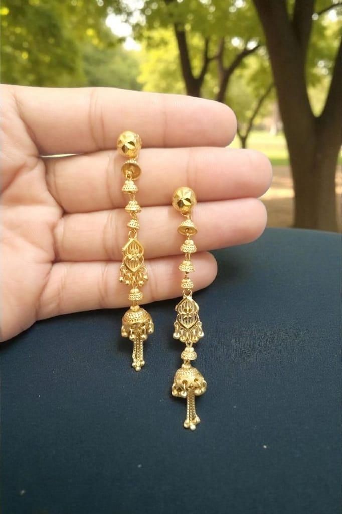 1gm Premium Gold-Plated Micro Polished Long Sui Dhaga Earrings for Women & Girls | Traditional Lightweight Jhumki Drop Design | Daily Wear Stylish Chain Earrings - Earrings | Buy online on ZillyBuy