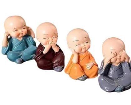 Set of 4 Adorable Baby Buddha Monk Resin Figurines - Hear No Evil, See No Evil, Speak No Evil
