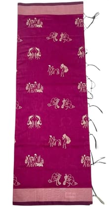 Saura Art Cotton Saree Wine Burgundy Tribal Figure Buti Saura Art Cotton Saree Wine Burgundy Tribal Figure Buti
