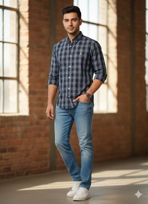 Men's Classic Navy Blue Plaid Cotton Long-Sleeve Button-Down Shirt