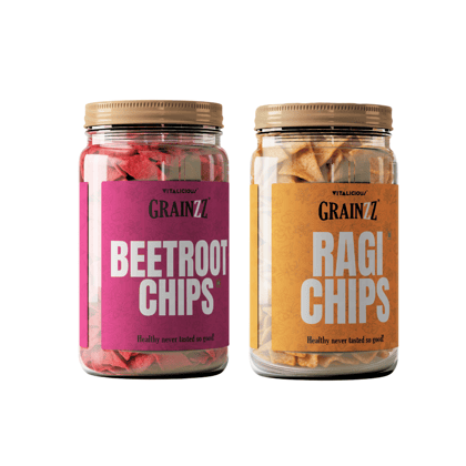 Grainzz Healthy Snack Combo – Ragi Chips Masala Masti + Beetroot Chips (2 Jars) | Roasted, High Fibre, No Palm Oil, No Trans Fat | 300g