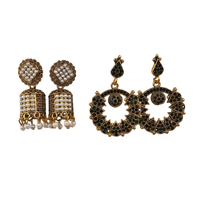 Regal Jhumkas with Emerald Green Stones and Pearl Gold-Plated Jhumka Earrings combo Regal Jhumkas with Emerald Green Stones and Pearl Gold-Plated Jhumka Earrings combo