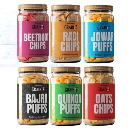 Grainzz Premium 6-Jar Assorted Snack Box | Millet Chips + Puffs | Zero Palm Oil | High Fibre | Guilt-Free Snacking (6 × 150g)