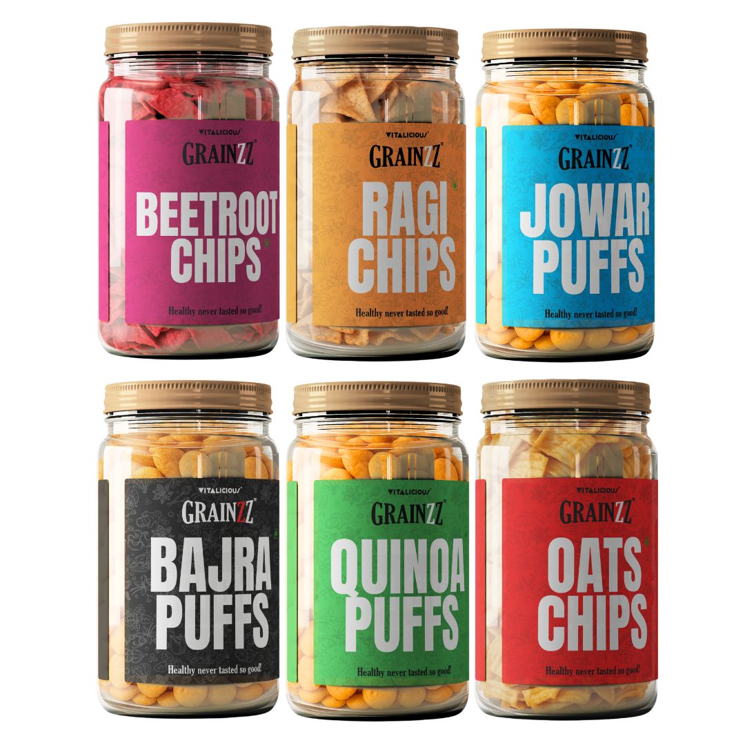 Grainzz Premium 6-Jar Assorted Snack Box | Millet Chips + Puffs | Zero Palm Oil | High Fibre | Guilt-Free Snacking (6 × 150g)