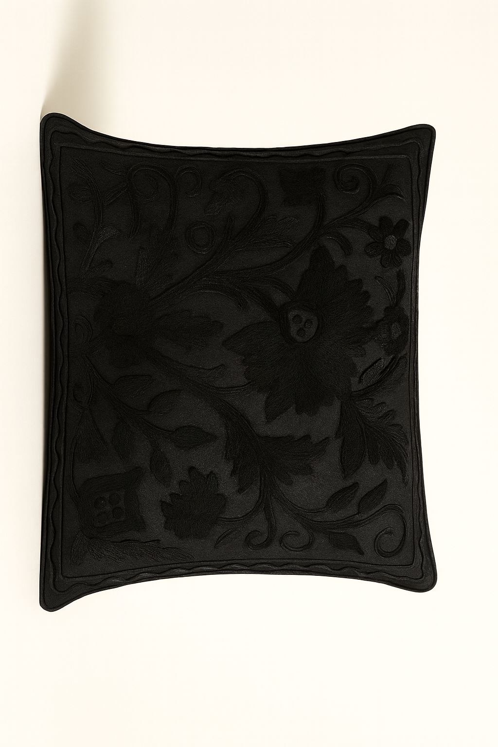 Black Embroidered Faux Leather Floral Cushion Cover