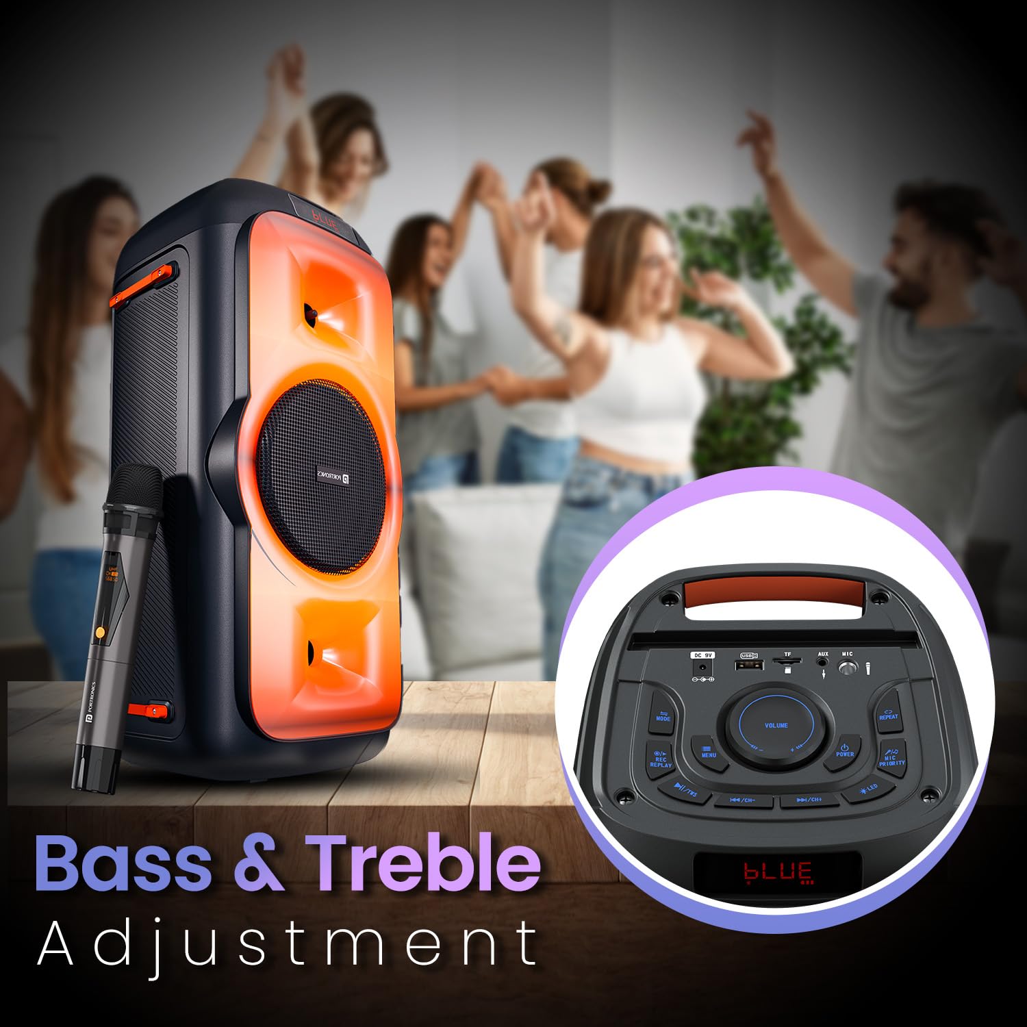  Portronics Iron Beats III 200W Party Speaker with Wireless Karaoke Mic, Upto 4 Hours Playtime, Bluetooth V5.3, SD Card/USB Drive/AUX in Port, Full Screen LED Lights, Bass/Treble Adjustment (Black) 