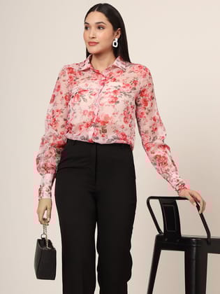 Women'S Premium Organza Pink And Green Long Length Curved Hem Digital Print Shirt-L