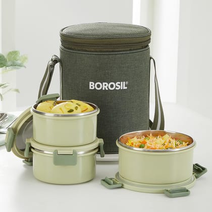 Borosil Glory Green Stainless Steel Lunchbox with Bag | 3 pcs Set (460 ml x 1 + 280 ml x 2) | Microwavable Tiffin with Food Grade Steel | Leakproof & Dishwasher Safe