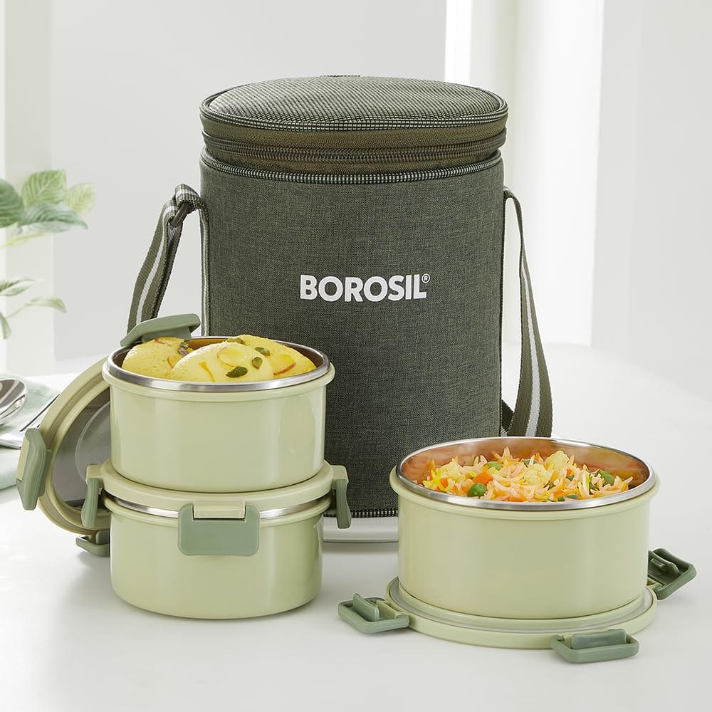 Borosil Glory Green Stainless Steel Lunchbox with Bag | 3 pcs Set (460 ml x 1 + 280 ml x 2) | Microwavable Tiffin with Food Grade Steel | Leakproof & Dishwasher Safe