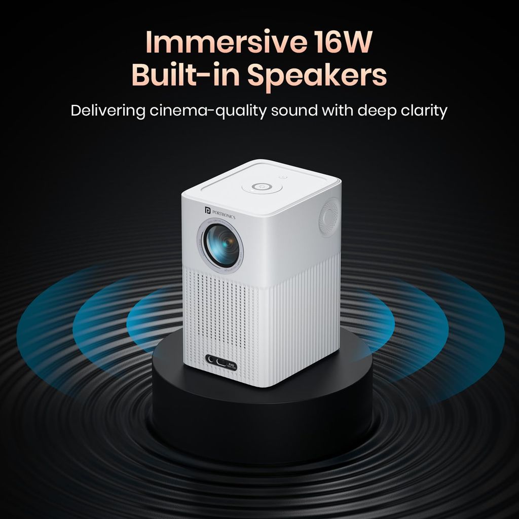  Portronics Beem 500 Smart Projector with 8K Support & 1080p FHD Native, 6700 Lumens, Auto Focus & Keystoning, Bluetooth, Wi-fi, 16W Speaker (White) 