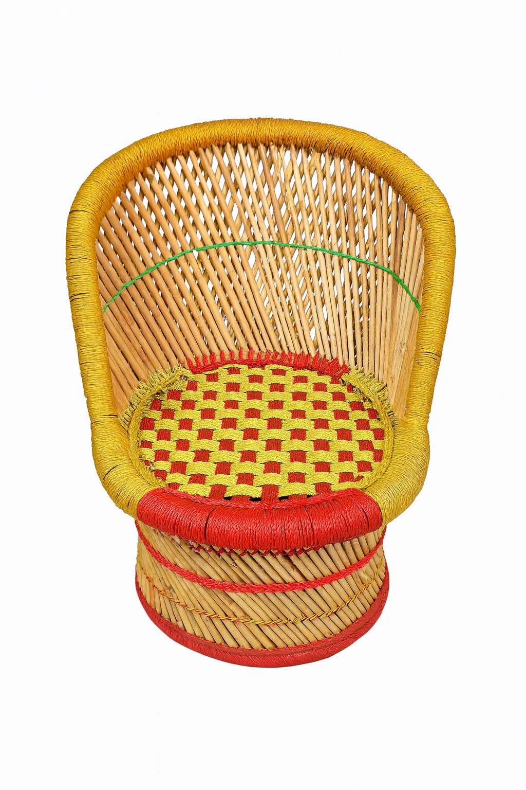 Handcrafted Bamboo & Rattan Weave Accent Chair, Yellow & Red