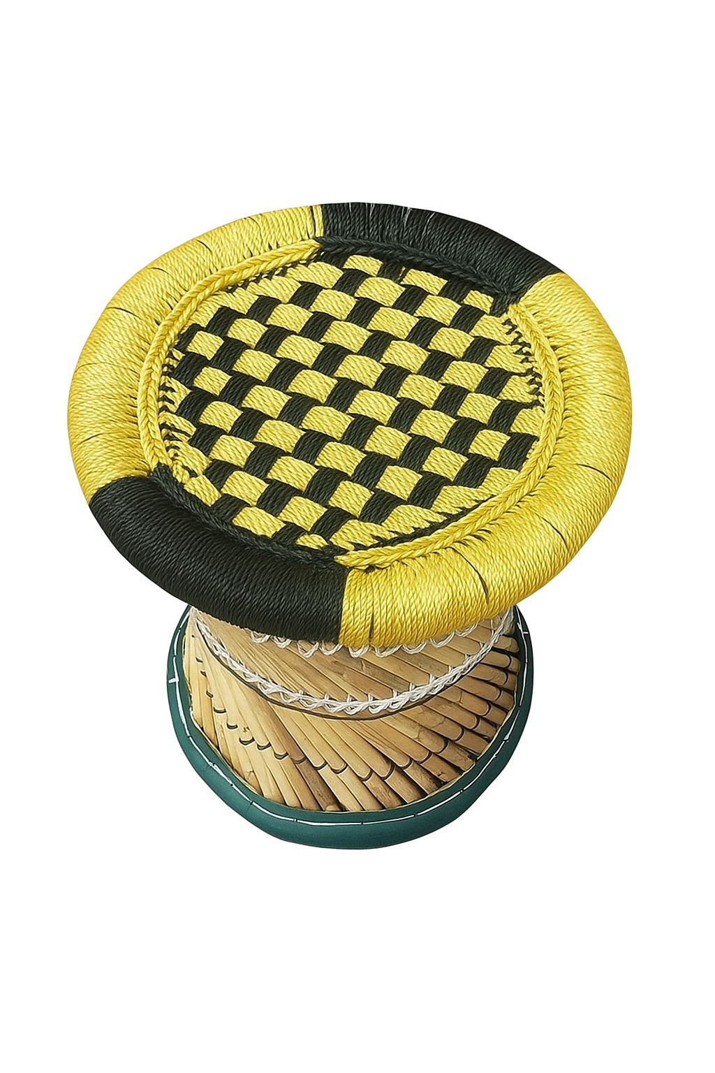 Handcrafted Bamboo & Sabai Grass Stool - Black & Yellow Checkered Pattern