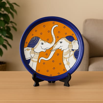 Hand-Painted Ceramic Decorative Lippan Plate with Elephant Design Hand-Painted Ceramic Decorative Lippan Plate with Elephant Design