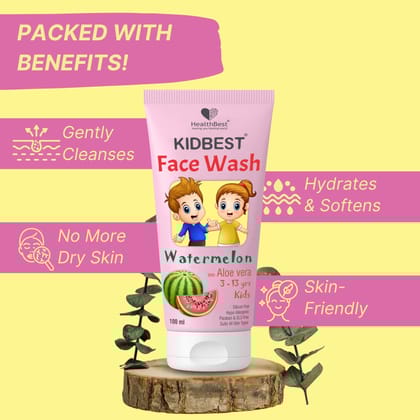 HealthBest Kids Multivitamin Face Wash - Natural, Non-Toxic 100ml, Organic Watermelon for Normal, Gentle Sensitive & Dry Skin Types | Tear, Paraben, SLS Free