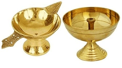 Mii Art Brass Collectible India Brass Diya Oil Puja Lamp Engraved Design Dia with Home Temple Pooja Articles Decor Gifts diye (Size-Large) Pack of 2 Pieces.