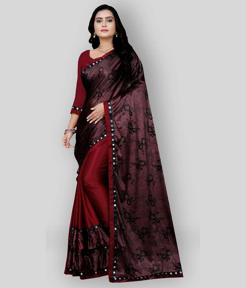 Gazal Fashions Silk Blend Printed Saree With Unstitched Blouse Piece ( Maroon )