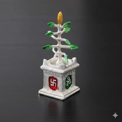 Graceful Silver Metal Tulsi Plant Decorative Showpiece (5.5 -Inch), pooja room, home temple, gift item, Car Dashboard, Office, Shop and Vastu Feng Sui